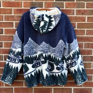 VTG DENALI Graphic Fleece Mountain/Woods/Cabin Reversible Hooded Zip Up Jacket M